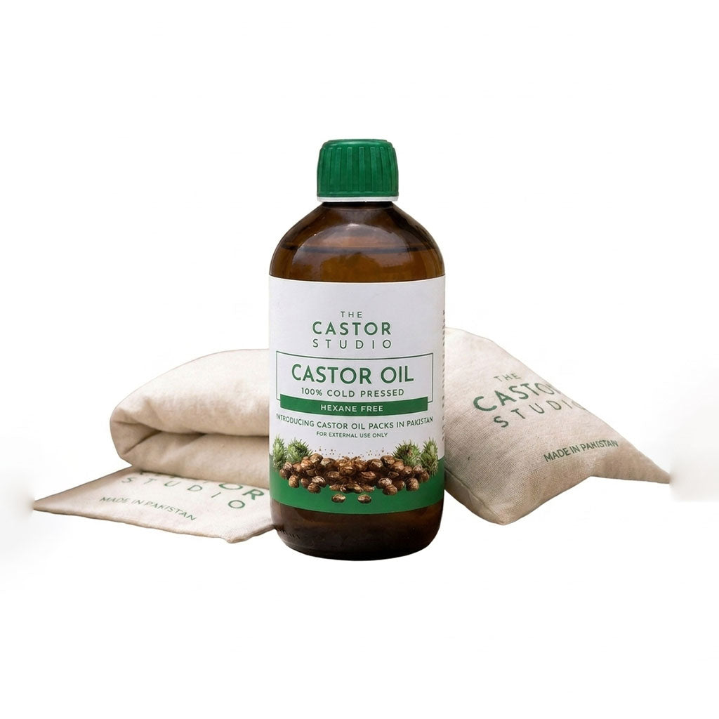 100% cold-pressed castor oil hexane free in amber glass bottle with 100% unbleached and undyed cotton flannel - Castor Oil Pack 